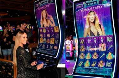 Mariah Carey promoting her own branded slot game at Caesars Palace