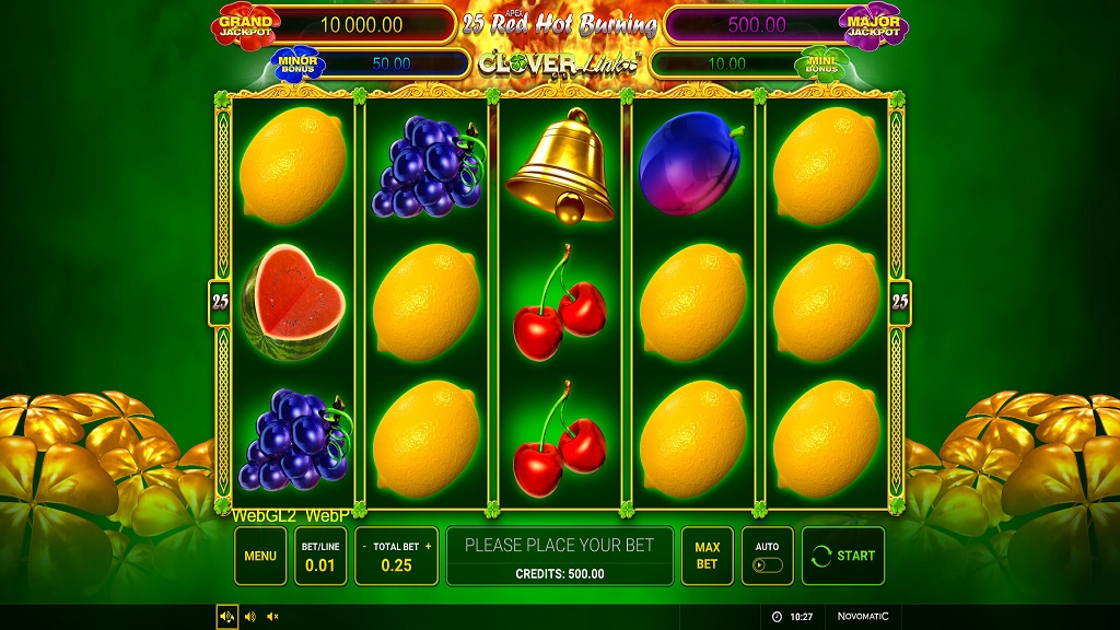 Screenshot of 25 Red Hot Burning Clover Link slot from Green Tube