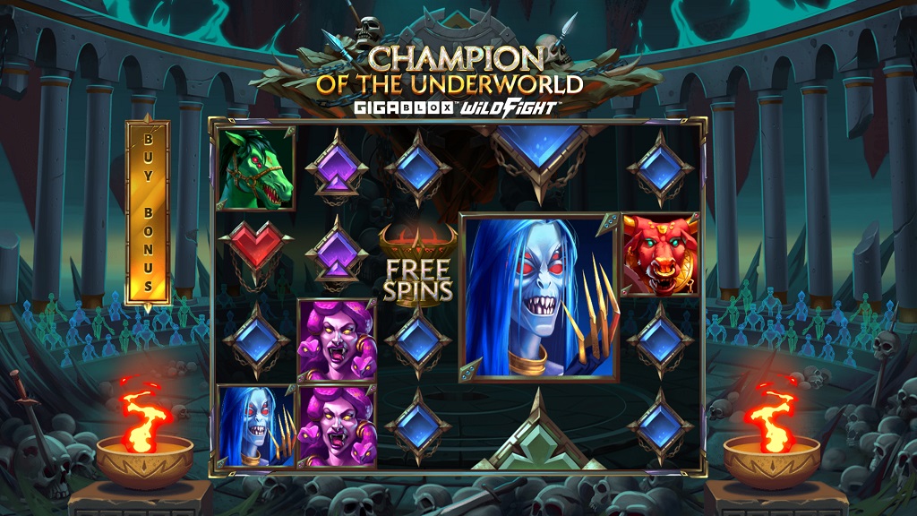 Screenshot of Champion of the Underworld GigaBlox slot from Yggdrasil Gaming
