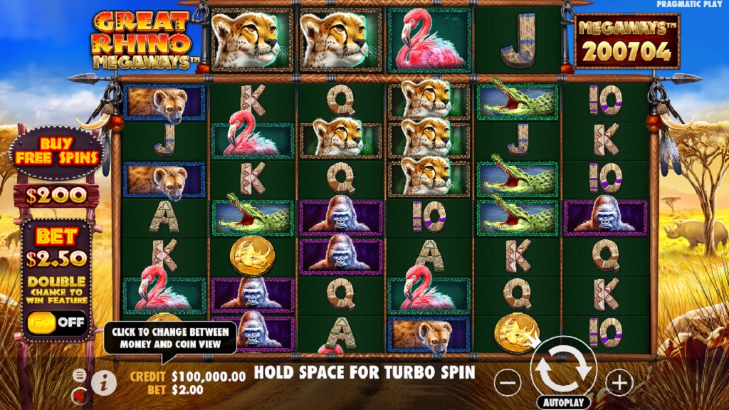 Screenshot of Great Rhino Megaways slot from Pragmatic Play