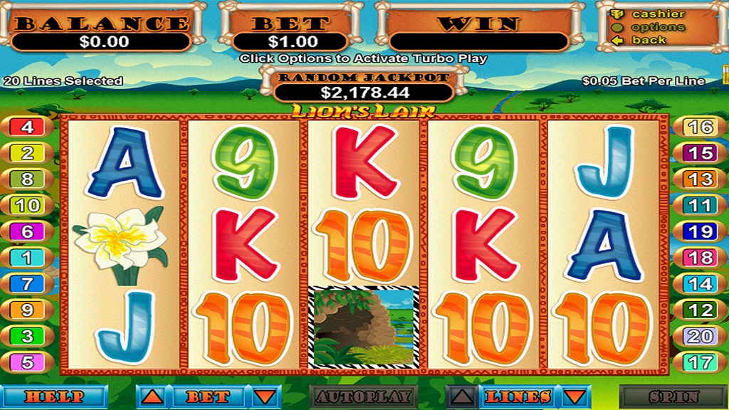 Screenshot of Lions Lair slot from Real Time Gaming