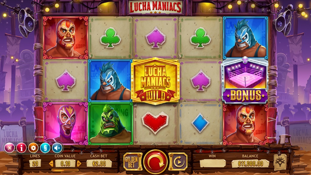 Screenshot of Lucha Maniacs slot from Yggdrasil Gaming