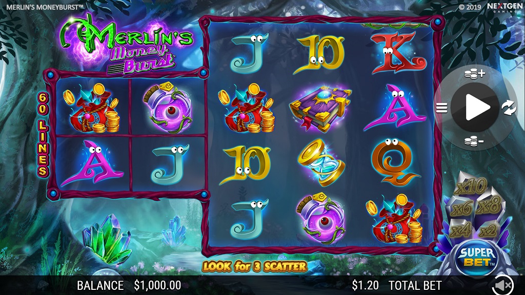 Screenshot of Merlins Money Burst slot from NextGen Gaming