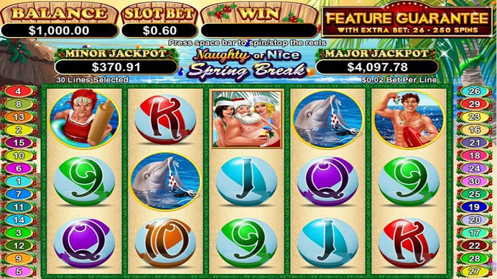 Screenshot of Naughty or Nice Spring Break slot from Real Time Gaming