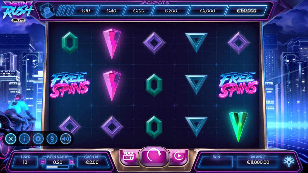Screenshot of Neon Rush Splitz slot from Yggdrasil Gaming