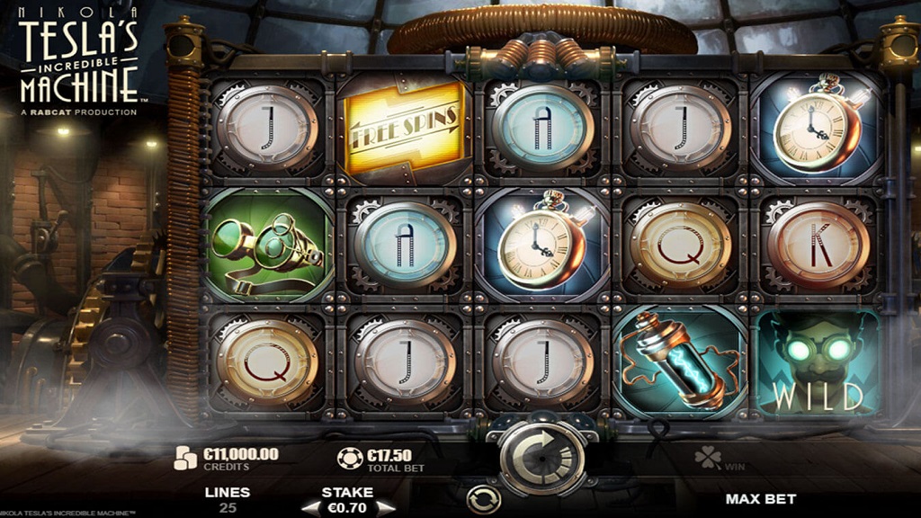 Screenshot of Nikola Tesla's Incredible Machine slot from Yggdrasil Gaming