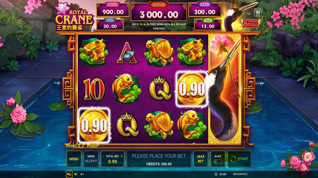 Screenshot of Power Prizes Royal Crane slot from Green Tube