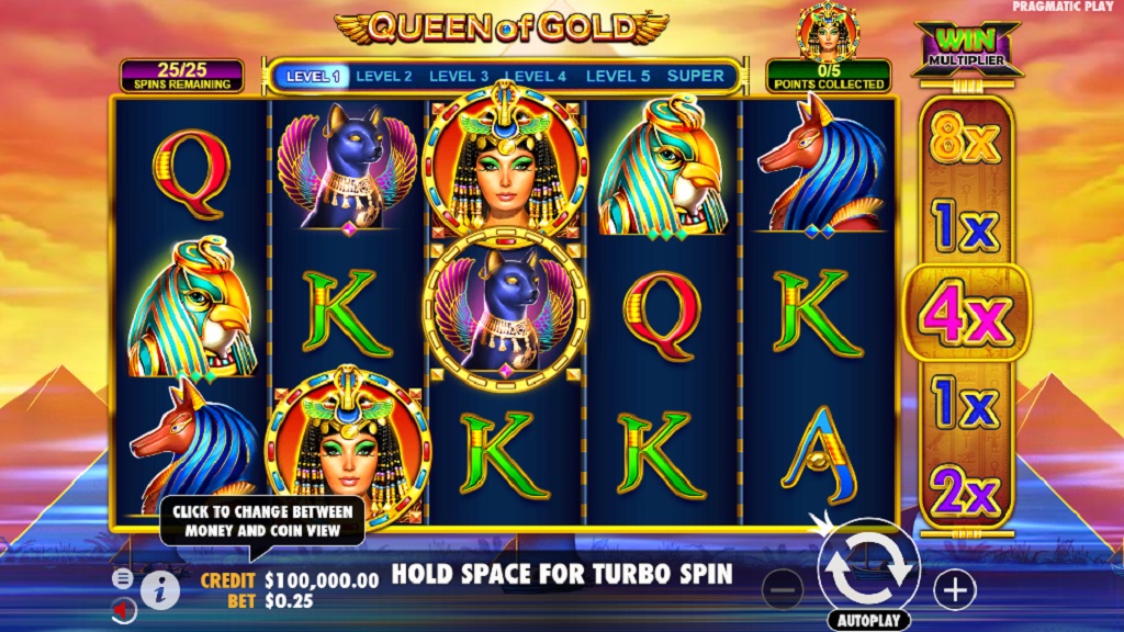 Screenshot of Queen of Gold slot from Pragmatic Play