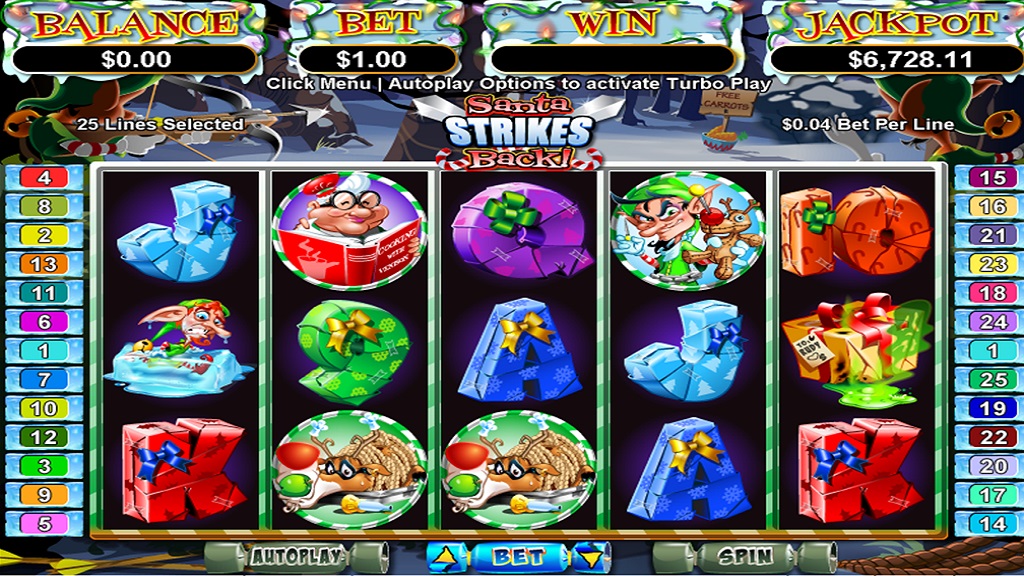 Screenshot of Santa Strikes Back slot from Real Time Gaming