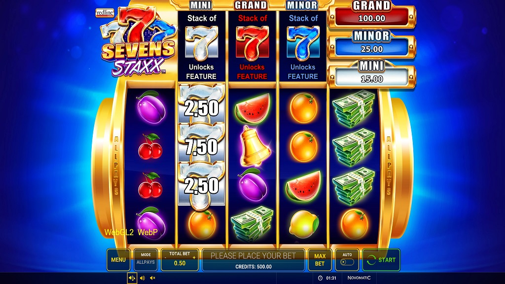 Screenshot of Sevens Staxx slot from Green Tube