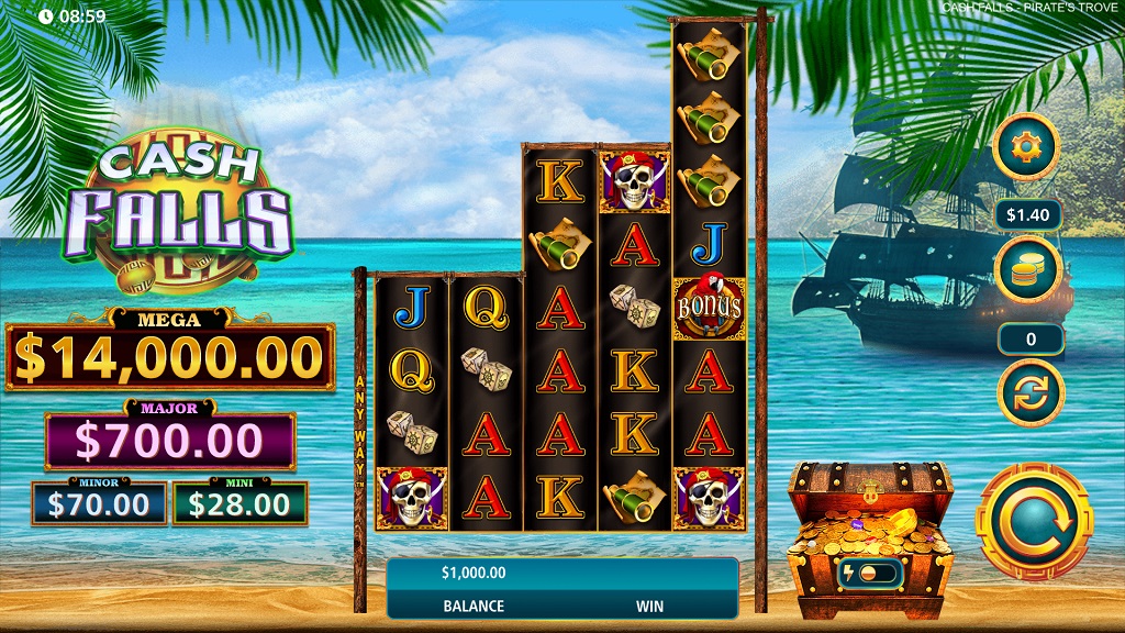 Screenshot of Cash Falls Pirates Trove slot from SG Gaming