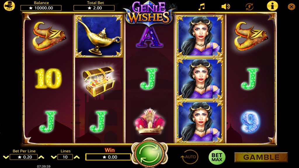 Screenshot of Genie Wishes slot from Booming Games