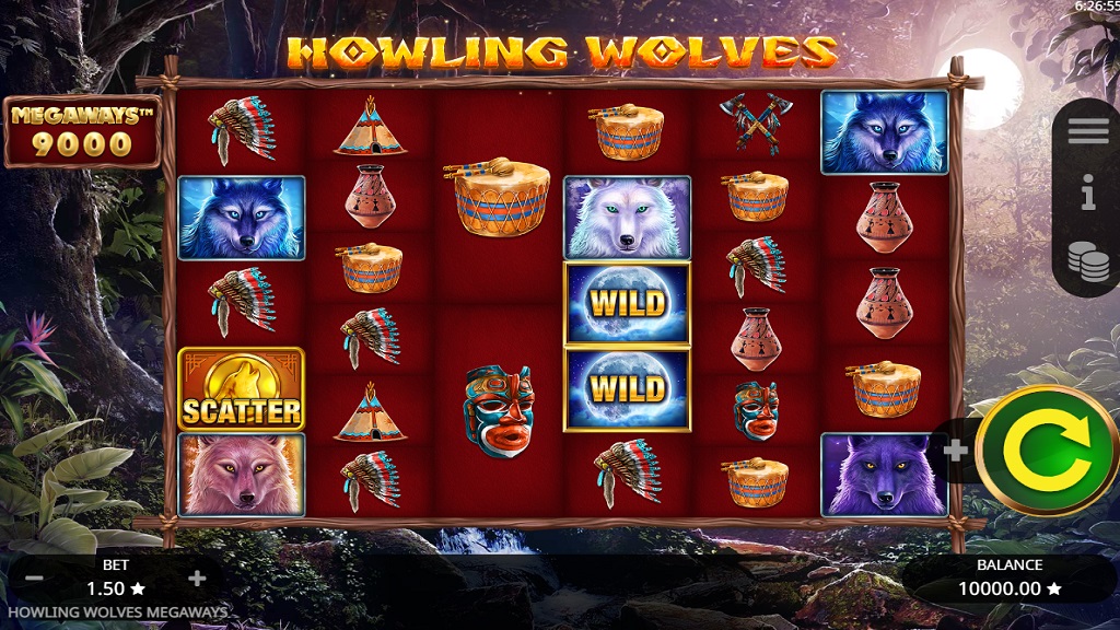 Screenshot of Howling Wolves Megaways slot from Booming Games