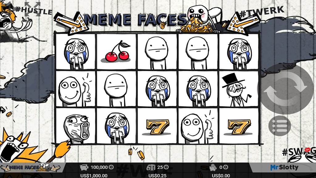 Screenshot of Meme Faces slot from Mr Slotty