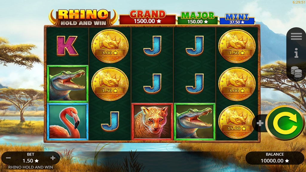 Screenshot of Rhino Hold and Win slot from Booming Games