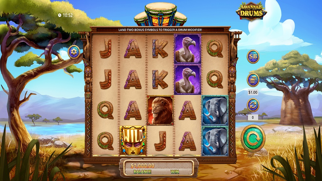 Screenshot of Savannah Drums slot from SG Gaming