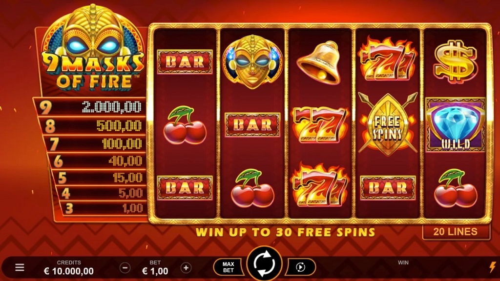 Screenshot of 9 Masks of Fire slot from Microgaming