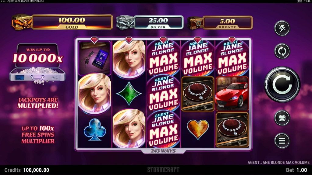 Screenshot of Agent Jane Blonde Max Volume slot from Microgaming