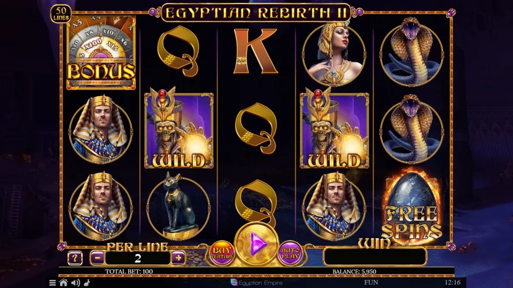 Screenshot of Egyptian Rebirth II Expanded Edition slot from Spinomenal