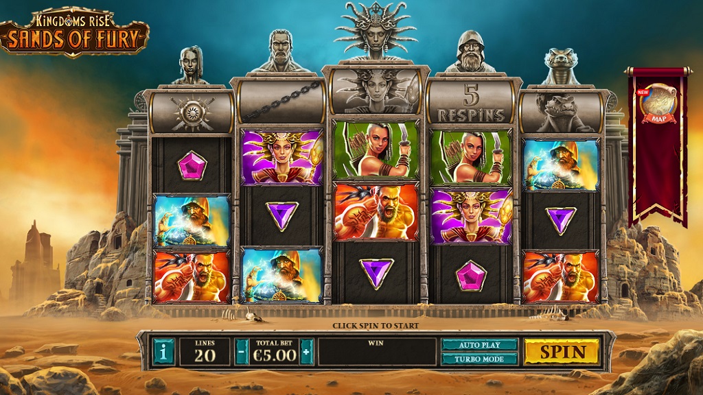 Screenshot of Kingdoms Rise Sands of Fury slot from Playtech