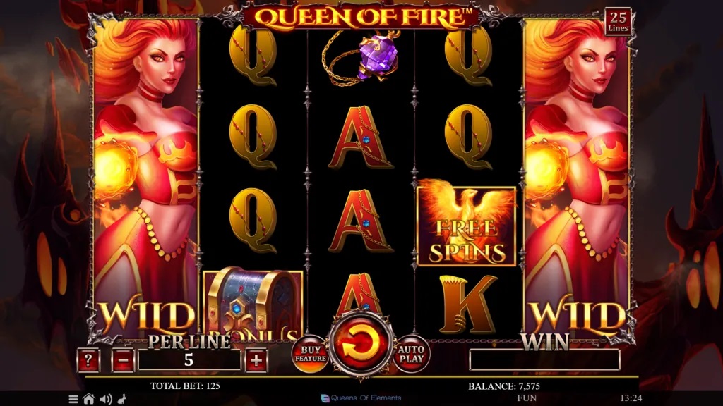 Screenshot of Queen of Fire slot from Spinomenal