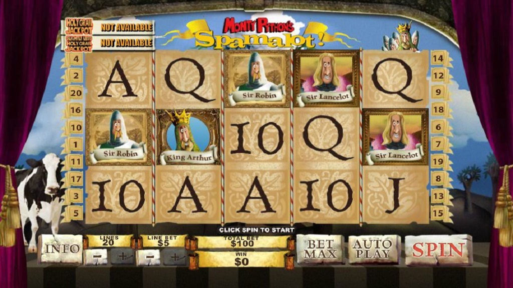 Screenshot of Spamalot slot from Playtech