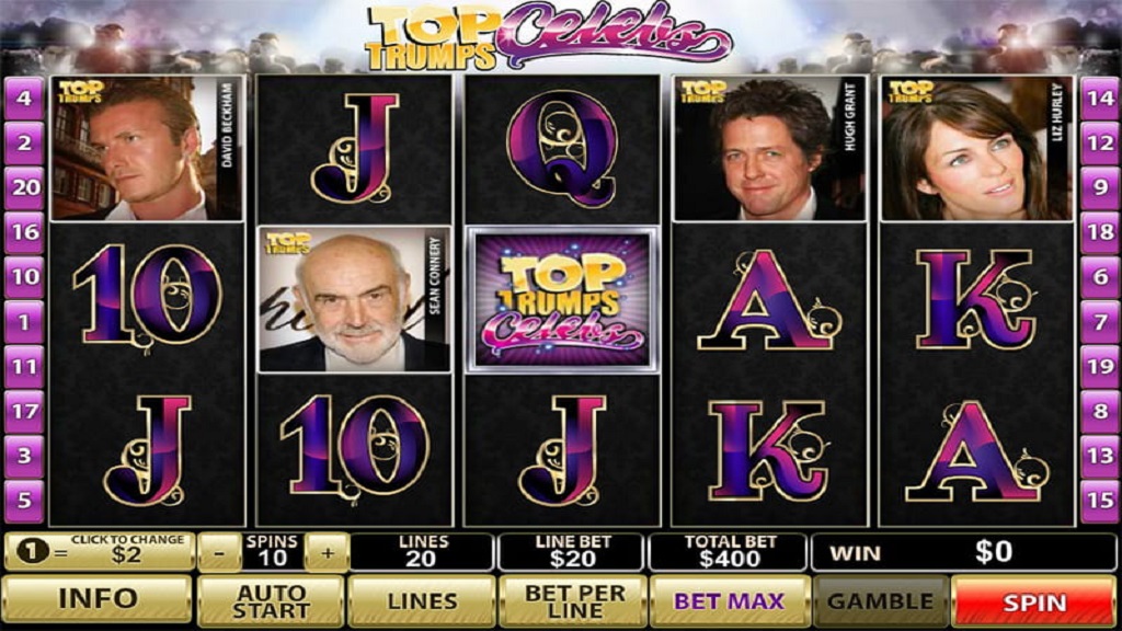 Screenshot of Top Trumps Celebs slot from Playtech