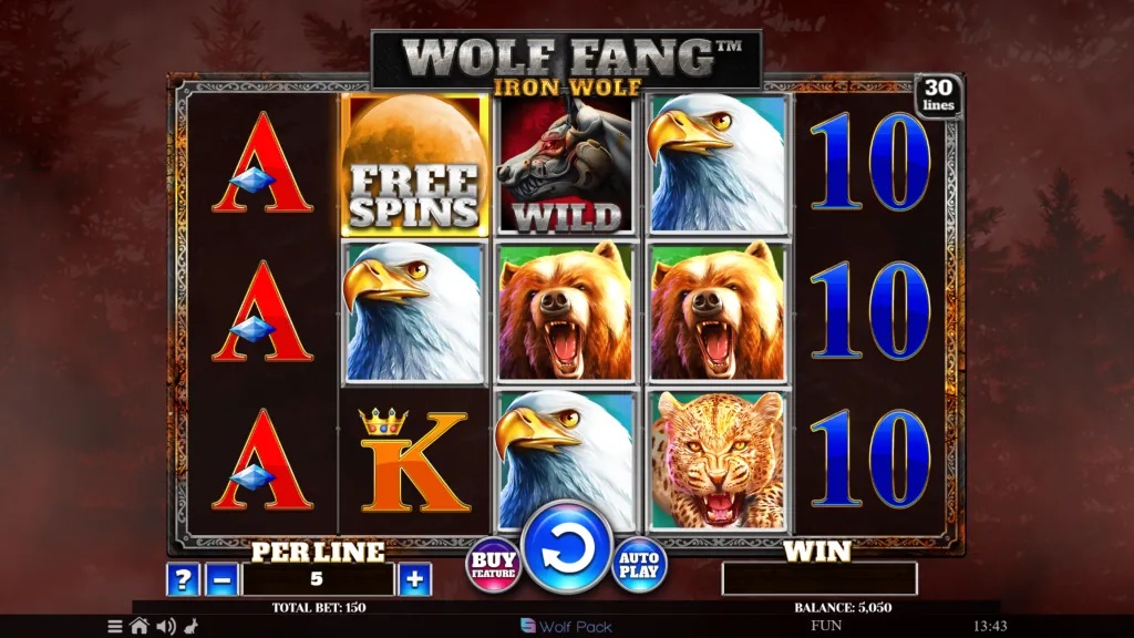 Screenshot of Wolf Fang Iron Wolf slot from Spinomenal