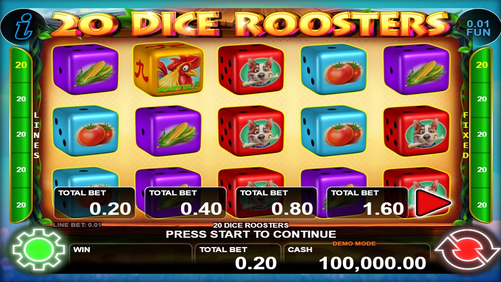 Screenshot of 20 Dice Roosters slot from CT Interactive