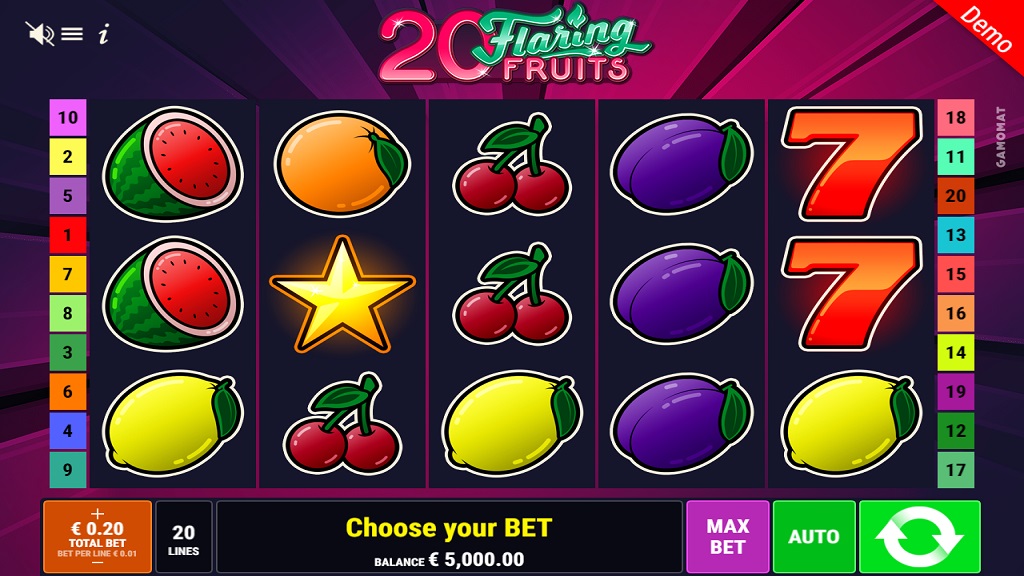 Screenshot of 20 Flaring Fruits slot from Gamomat