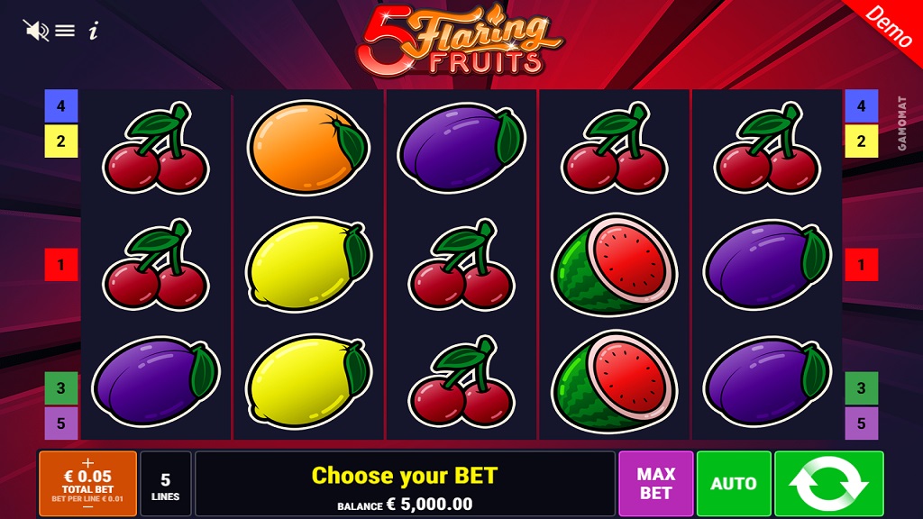 Screenshot of 5 Flaring Fruits slot from Gamomat