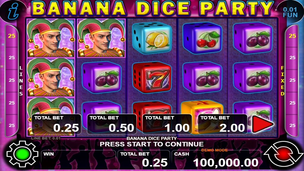 Screenshot of Banana Dice Party slot from CT Interactive