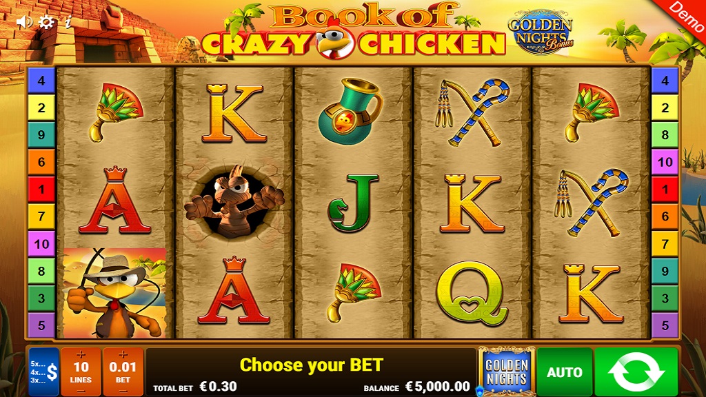 Screenshot of Book of Crazy Chicken Golden Nights slot from Gamomat