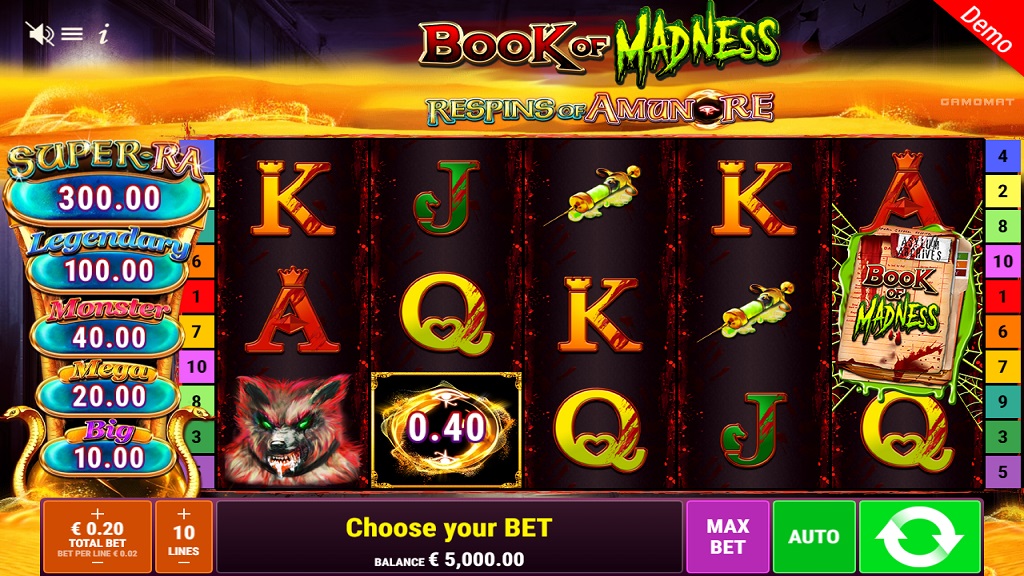 Screenshot of Book of Madness Respins of Amun-Re slot from Gamomat
