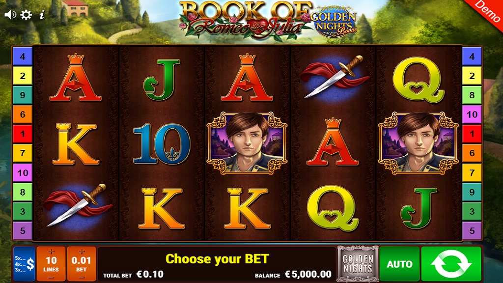 Screenshot of Book of Romeo and Julia Golden Nights slot from Gamomat