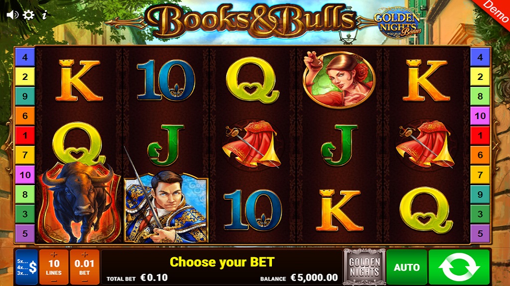 Screenshot of Books and Bulls Golden Nights slot from Gamomat