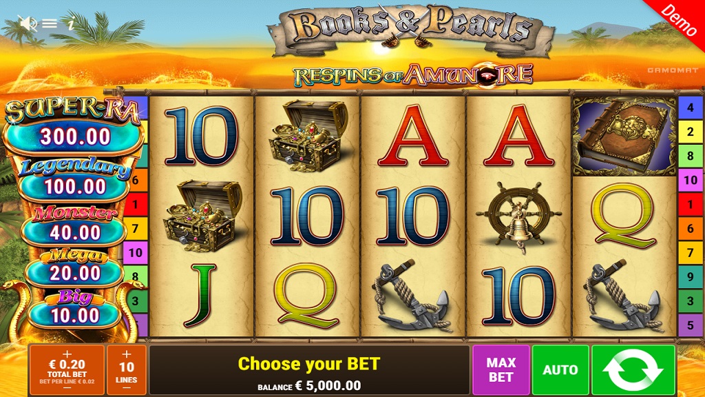 Screenshot of Books and Pearls Respins of Amun-Re slot from Gamomat