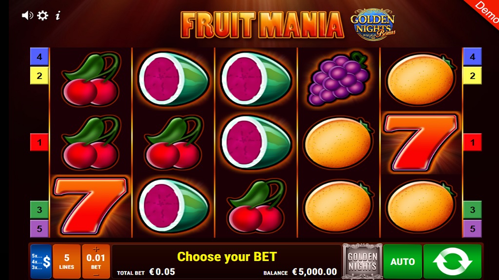 Screenshot of Fruit Mania Golden Nights slot from Gamomat