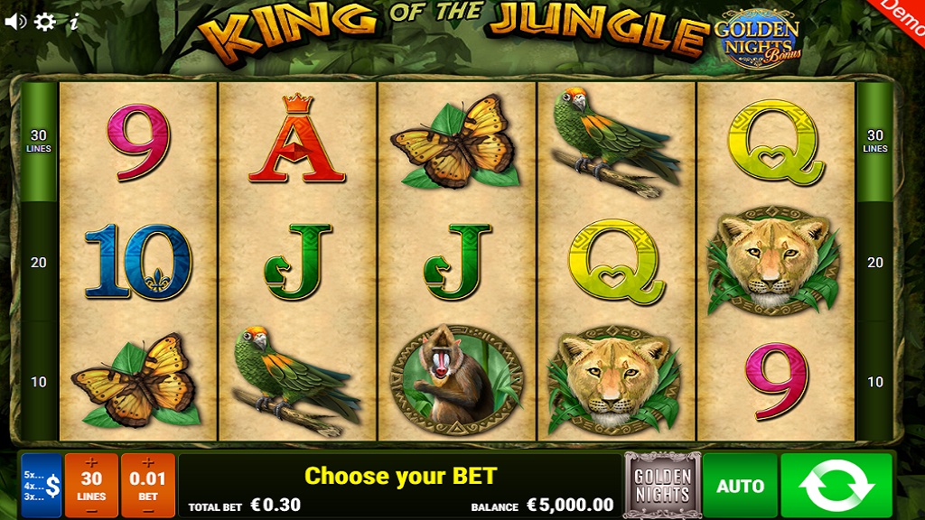 Screenshot of King of The Jungle Golden Nights slot from Gamomat