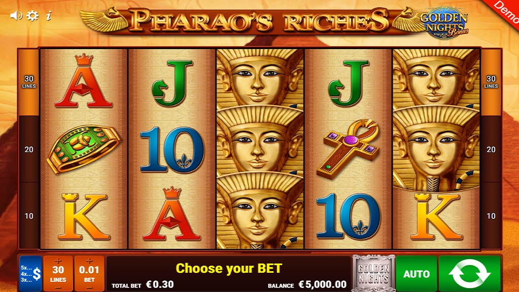 Screenshot of Pharao's Riches Golden Nights slot from Gamomat