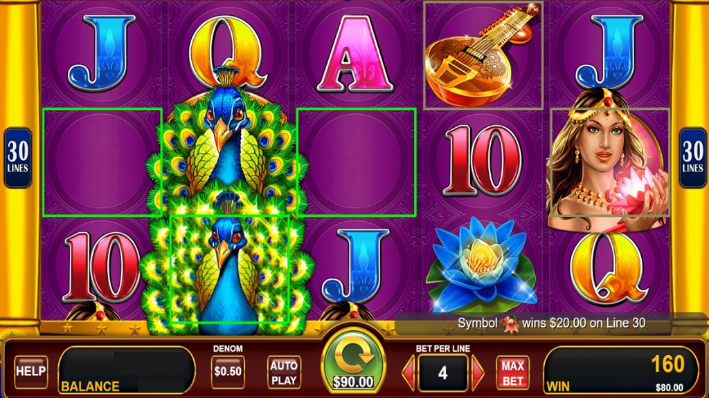 Screenshot of Adorned Peacock slot from Konami