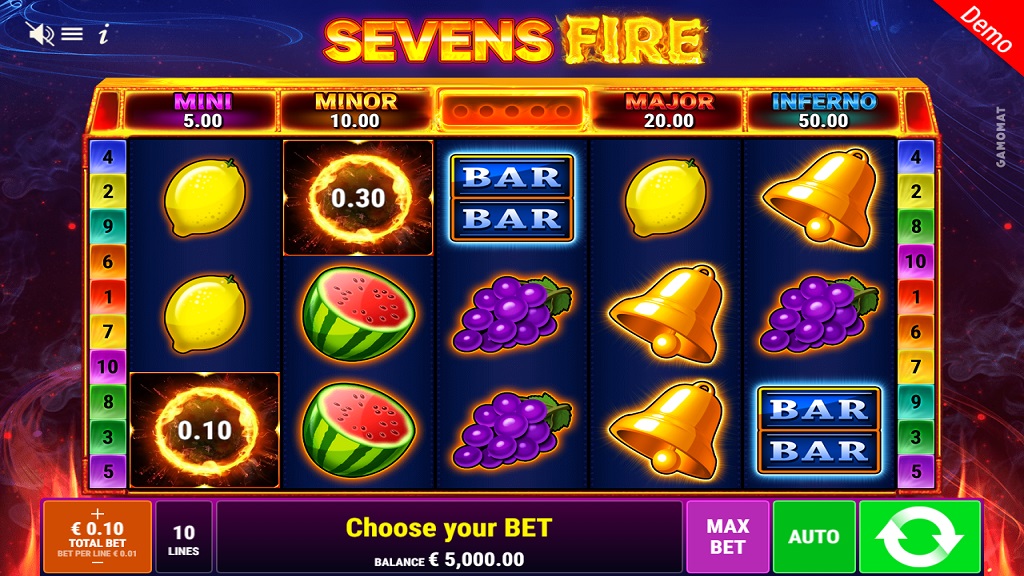Screenshot of Sevens Fire slot from Gamomat