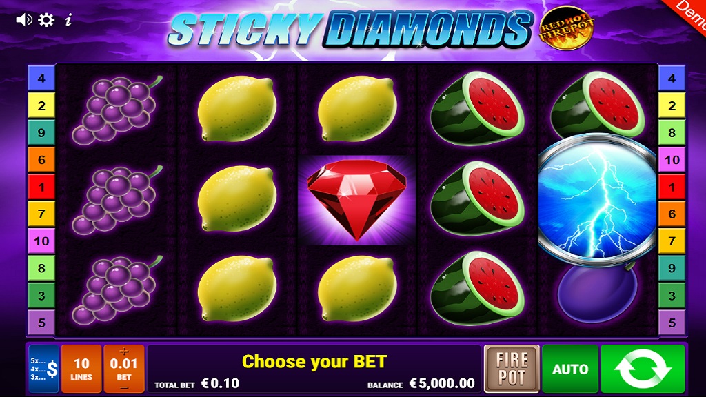 Screenshot of Sticky Diamonds Red Hot Firepot slot from Gamomat