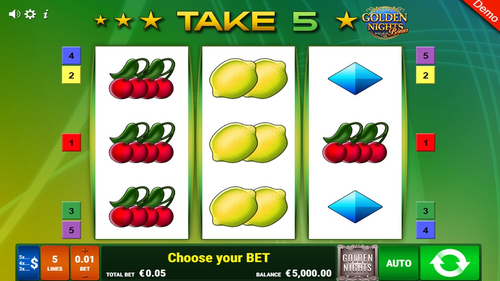 Screenshot of Take 5 Golden Nights slot from Gamomat