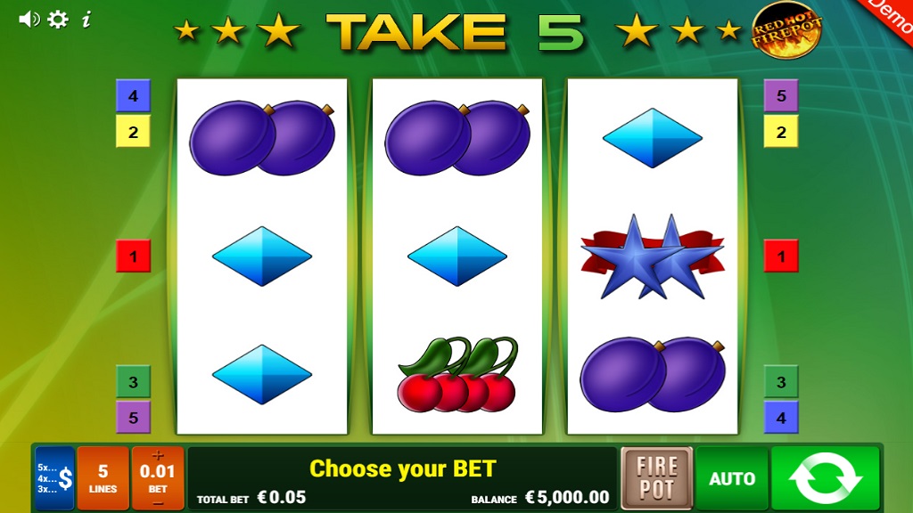 Screenshot of Take 5 Red Hot Firepot slot from Gamomat