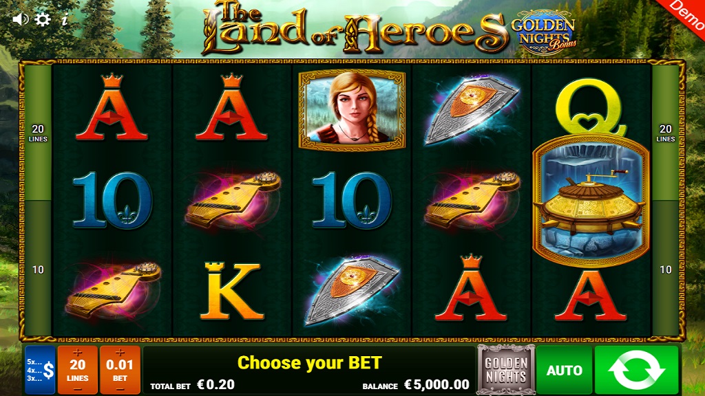 Screenshot of The Land Of Heroes Golden Nights slot from Gamomat