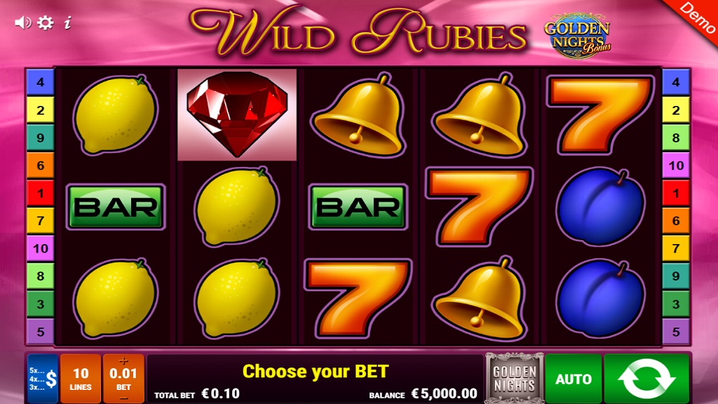 Screenshot of Wild Rubies Golden Nights slot from Gamomat